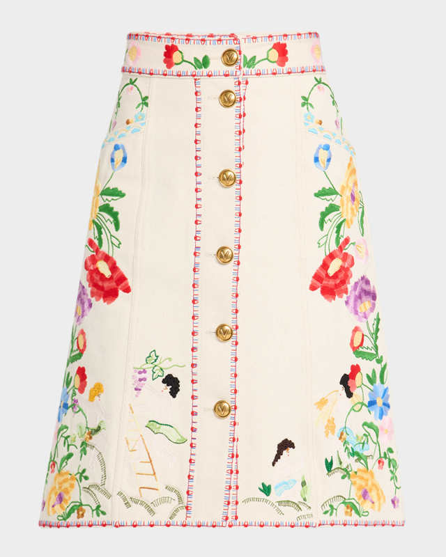 Floral Embroidered Button-Front Denim Skirt